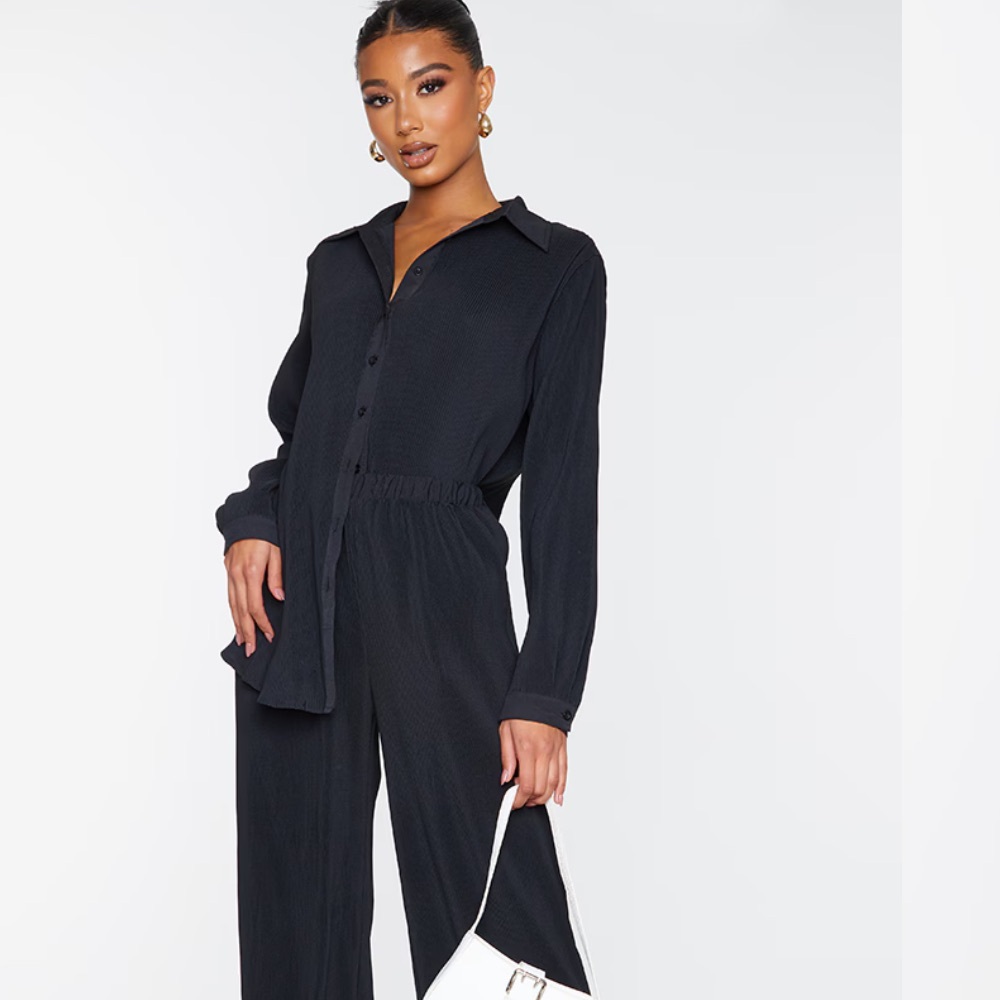 PrettyLittleThing Black Plisse Button Front Oversized Shirt